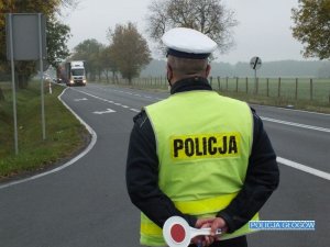 Pollicjant ruchu drogowego stoi na poboczu drogi w trakcie działań