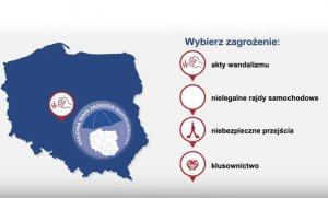 Mapa Polski w kolorze niebieskim, a obok informacje dotyczące zagrożeń