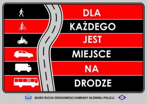 Plakat dla każego jest miejsce na drodze z wizerunkiem od pieszgo do kierowcy